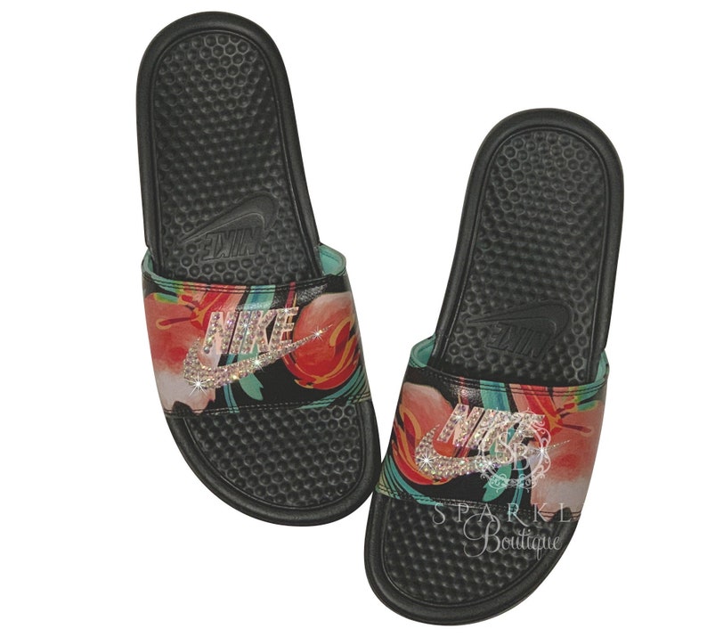 black floral nike slides