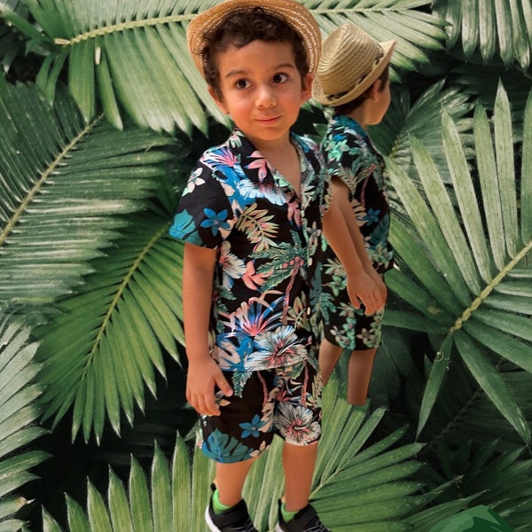 Tropical Shirt and Shorts Set Toddler, Hawaiian Jungle Set boys girls, Flower print button shirt & shorts Outfit Toddlers, Wild Safari Party