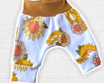 Retro Sunflowers Baby Pants, Boho Groovy Floral Harem pants, muted colors baby Outfit, Fall Thanksgiving Toddler Joggers, Baby boy girl Gift