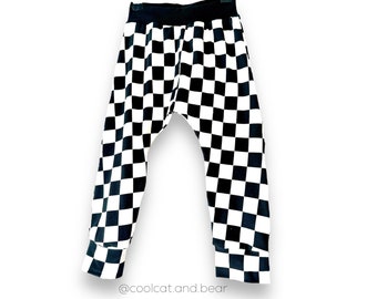 Checkered black white Baby Pants, Toddler checkered joggers, Moto Engine Car Race Skater Lover, Retro Car Fast One Two Fast Four Speed party