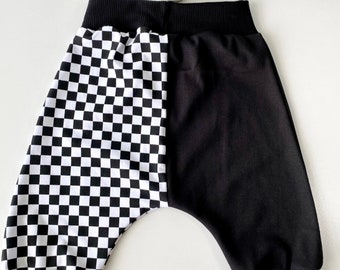 Checkered color block Baby Pants, Black White colorblocked joggers, Checkered Moto Car Racing Skater pants, Color block Trendy Toddler Pants