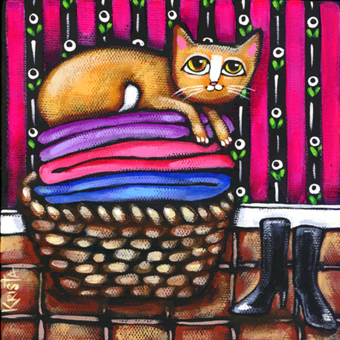 Laundry CAT Folk Art PRINT whimsical cat art laundry room Etsy