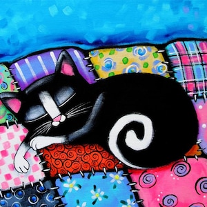 May include: A painting of a black and white cat with a pink nose and ears sleeping on a colorful patchwork quilt. The quilt features various patterns including polka dots, swirls, and plaid in bright shades of pink, red, blue, and yellow.