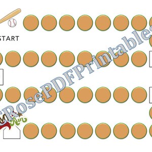 May include: A baseball-themed game board with a wooden bat and baseball at the top left. The board features brown circles, green borders, and text labels for bases. The text "START" is visible. The image is labeled "CRosePDFPrintables".
