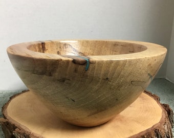 This is a Spalded Pecan bowl with Turquoise Inlay, it is 4 1/4” tall by 8 1/4” wide