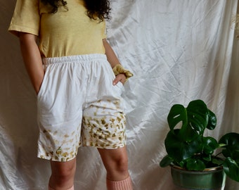 Up-cycled Eco Print Unisex Cotton Shorts; Marigold Natural Dye 1
