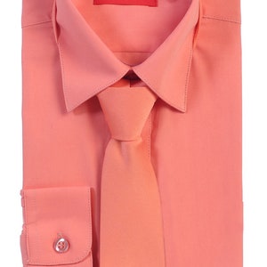 May include: A coral pink dress shirt with a matching tie. The shirt has a button-down collar and long sleeves. The label on the shirt reads "AFT Collection".