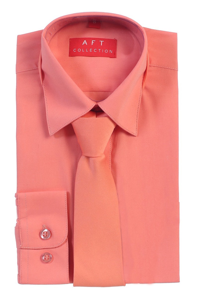 Aft Collection New Boys Solid Long Sleeve Dress Shirt with Matching Tie Salmon