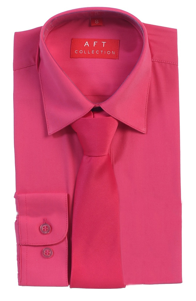 May include: A pink long-sleeve dress shirt with a matching pink tie. The shirt has a button-down collar and two buttons on the cuffs. The label on the shirt reads "AFT COLLECTION".