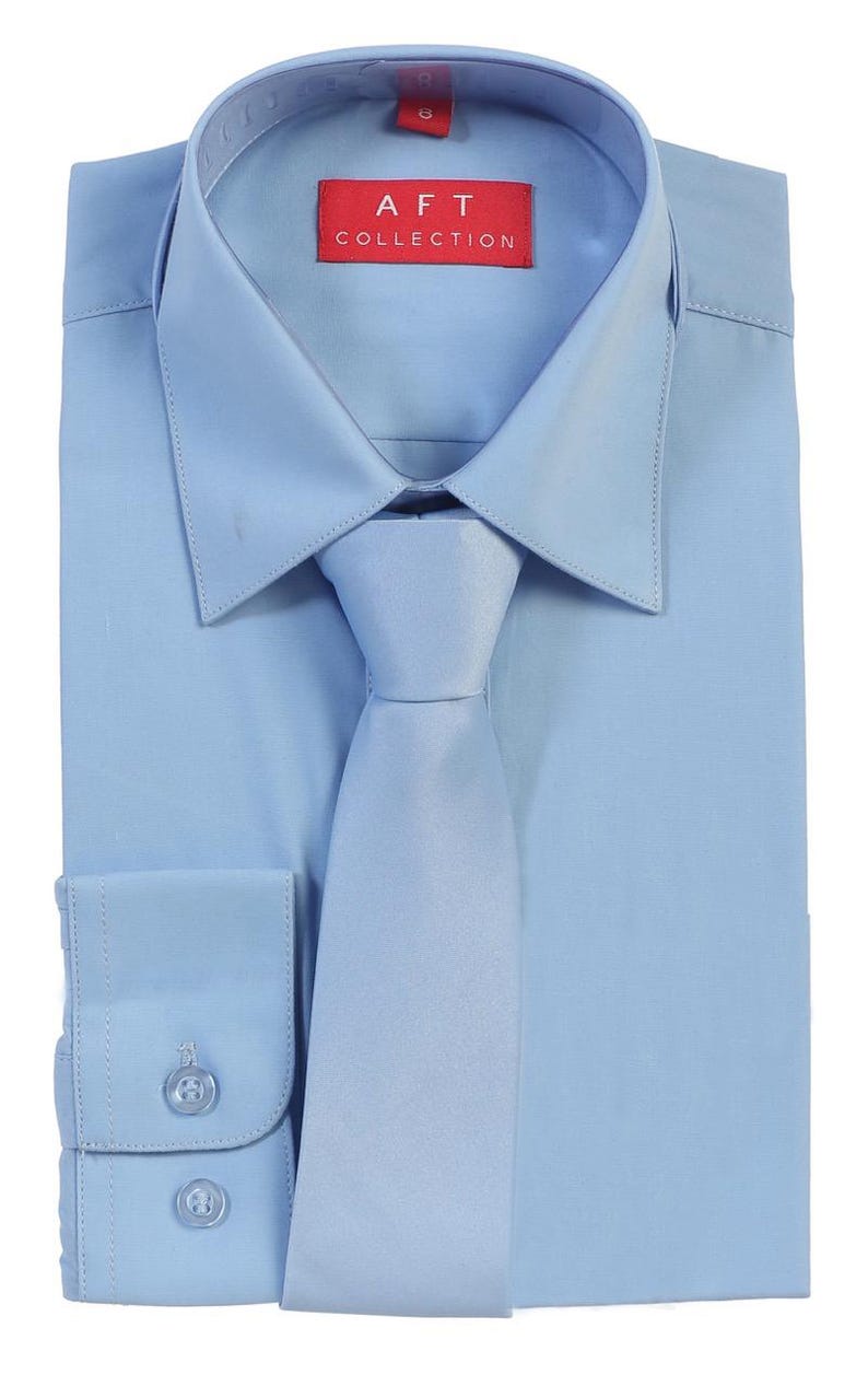 Aft Collection New Boys Solid Long Sleeve Dress Shirt with Matching Tie Sky Blue