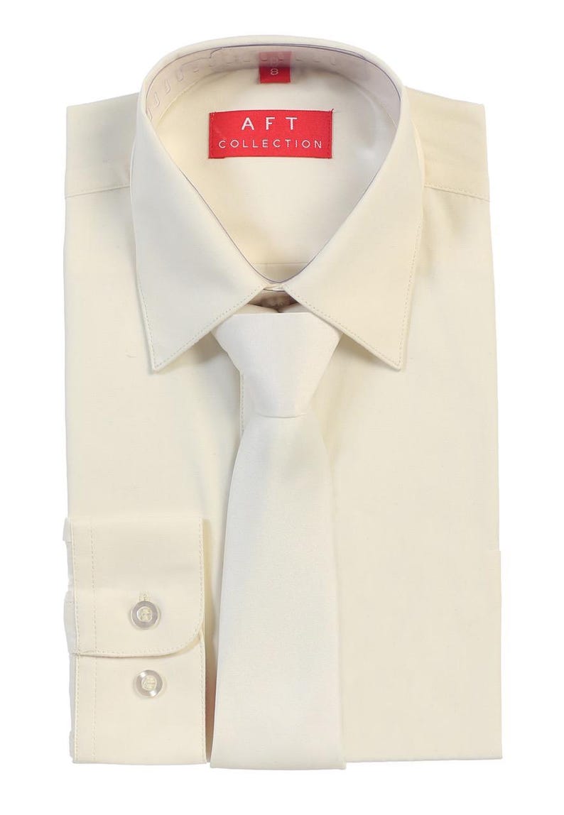 Aft Collection New Boys Solid Long Sleeve Dress Shirt with Matching Tie Pearl
