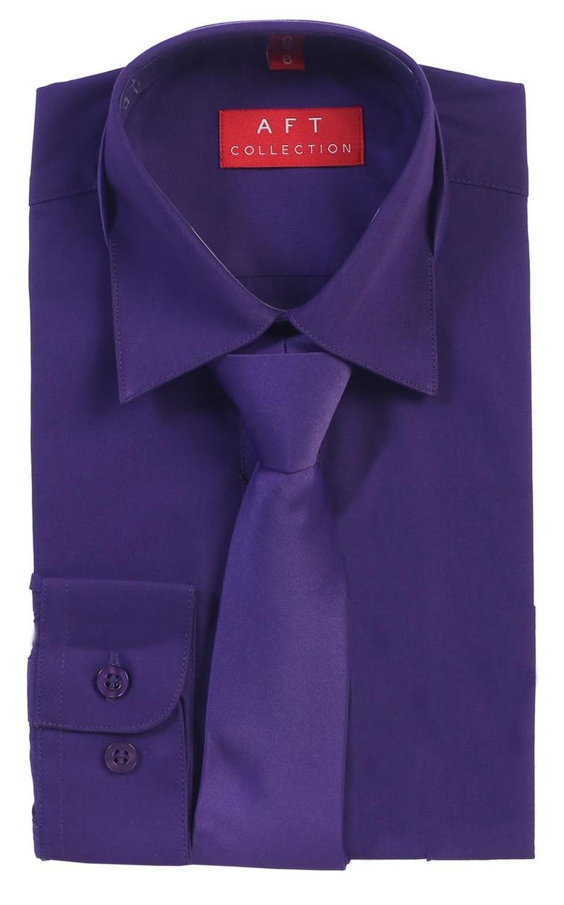 Aft Collection New Boys Solid Long Sleeve Dress Shirt with Matching Tie Purple Pansy