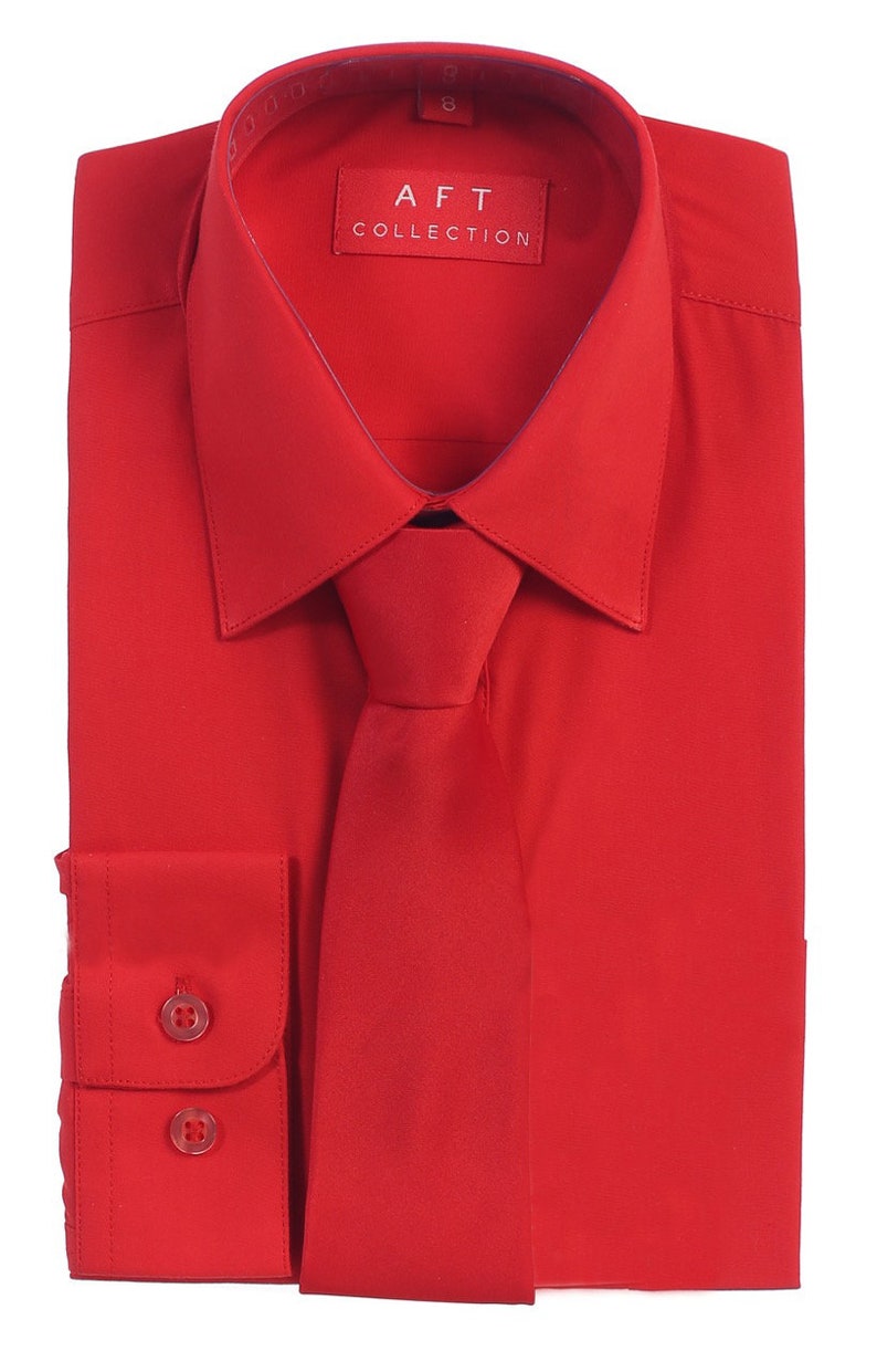 Aft Collection New Boys Solid Long Sleeve Dress Shirt with Matching Tie Hot Red
