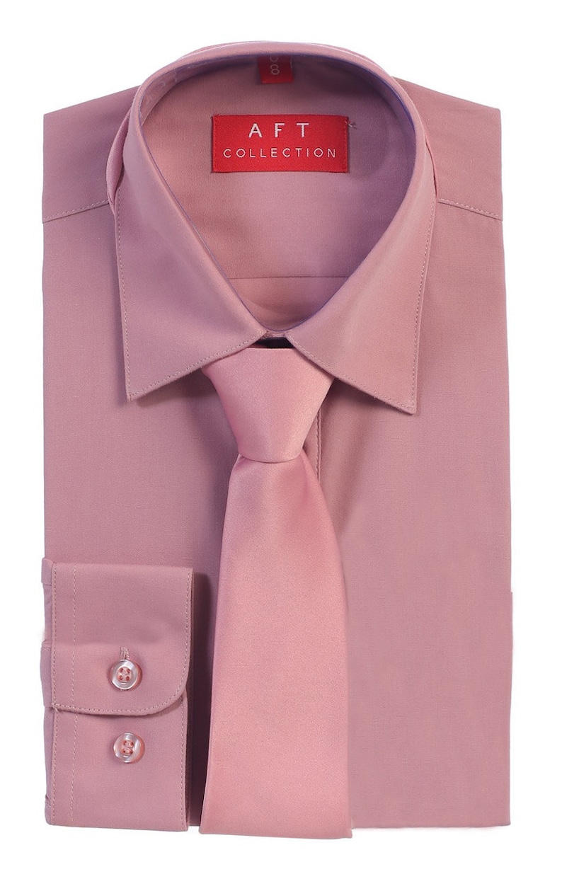 May include: A pink dress shirt with a matching pink tie. The shirt has a button-down collar and long sleeves. The label on the shirt reads "AFT COLLECTION".