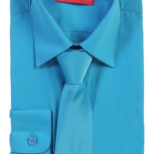 Aft Collection New Boys Solid Long Sleeve Dress Shirt with Matching Tie Turquoise