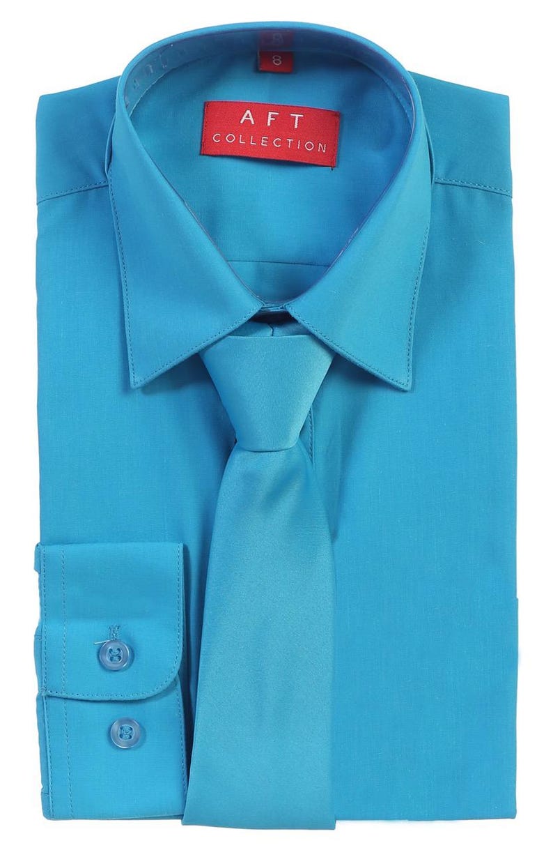 Aft Collection New Boys Solid Long Sleeve Dress Shirt with Matching Tie Turquoise
