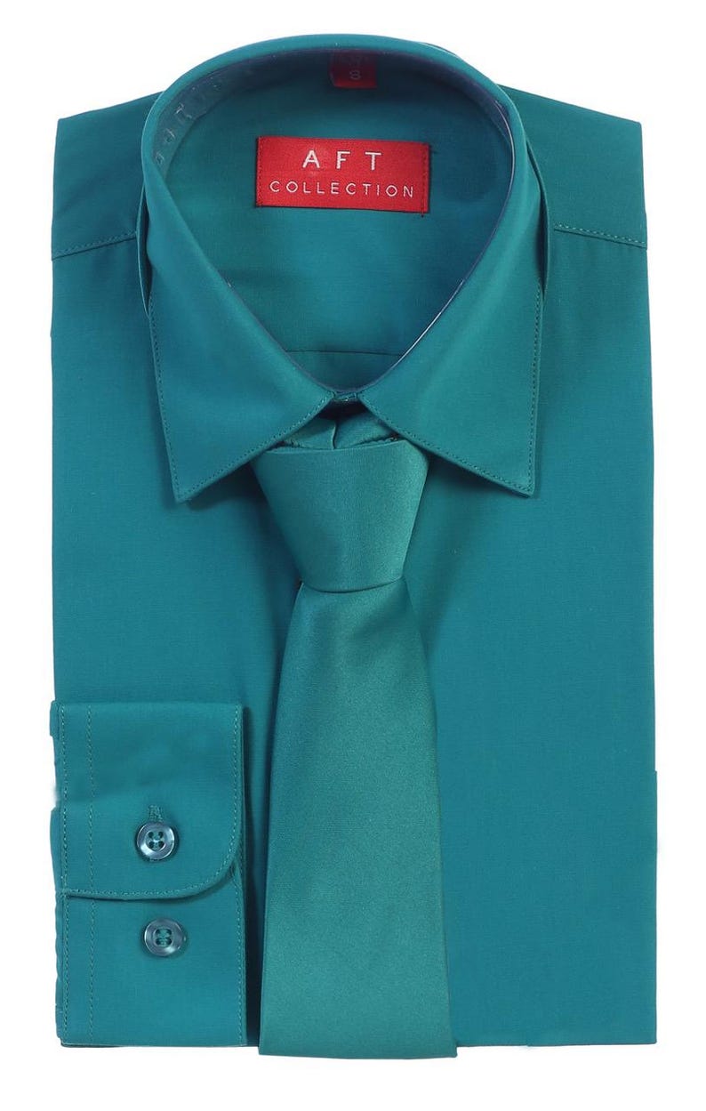 Aft Collection New Boys Solid Long Sleeve Dress Shirt with Matching Tie Teal