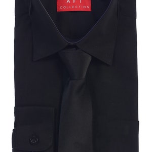 May include: A black dress shirt with a matching black tie. The shirt has a red label with the text "AFT COLLECTION".