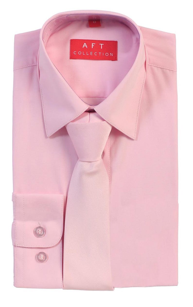Aft Collection New Boys Solid Long Sleeve Dress Shirt with Matching Tie Flamingo