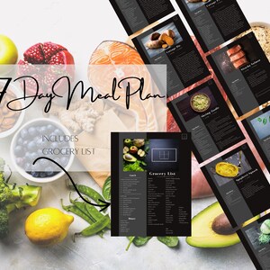 Puede incluir: Un plan de comidas de 7 días con una lista de la compra. El plan de comidas incluye recetas para platos como pastel de carne, fideos de calabacín con camarones, calabacín espagueti y tazón de rollitos de huevo. La imagen presenta productos frescos, incluyendo manzanas, granadas, arándanos, brócoli, limones, aguacates y espinacas.