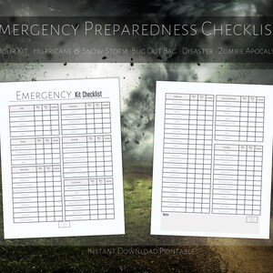 May include: A printable checklist for emergency preparedness. The checklist is divided into sections for food, water, first aid, communication, supplies, tools, and shelter. The checklist is titled "Emergency Kit Checklist".