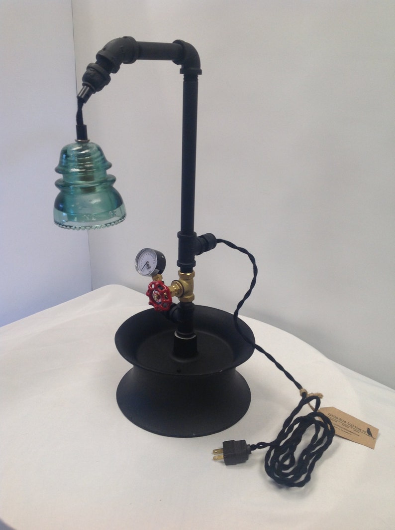 Custom Steam Punk Desk Lamp With Vintage Glass Insulator And Red Valve Switch