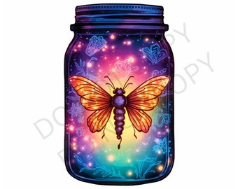 Mason Jar FireFly PNG Transparent Clipart Cartoon Design,Printable Sublimation,Digital Instant Download,Camping Summer,Mason Jar PNG Art