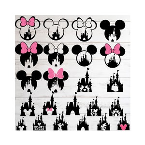 Pacchetto svg castello, svg principessa, clipart castello, Topolino con testa a cuore, svg regno magico, file di taglio per silhouette cricut