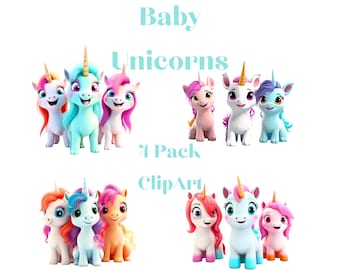 Unicorn  4 Pack PNG Transparent Clipart Kids Cartoon Design,Printable Sublimation,Digital Instant Download,Baby Shower,Unicorn PNG Art