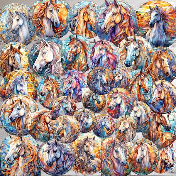 Horses Stained Glass Watercolor Clipart - 43 Magical Enchanting Horse Illustrations, Animals in the Nature, PNG, Commercial Use