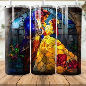 Emballage de verre La Belle et la bête Disney, sublimation de mariage, emballage de verre de dessin animé, design de sublimation PNG pour gobelet skinny 20 oz