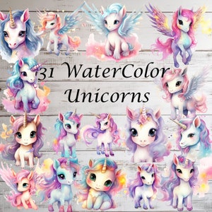 Watercolor Unicorns Clipart Bundle - 41 Adorable Enchanted Fairytale Style, Cute Stickers, PNG, Instant Digital Download, Commercial Use