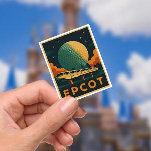 May include: A rectangular sticker featuring a retro-style illustration of the EPCOT sphere, a monorail, and the word "EPCOT" in bold letters. The background is a dark blue with orange and yellow accents, and a light blue sky.