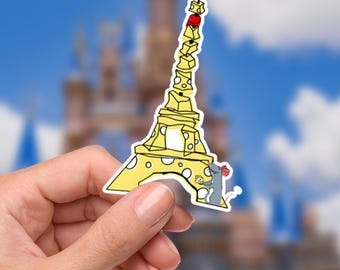 Pegatina impermeable de la Torre Eiffel con queso y ratatouille de Remy