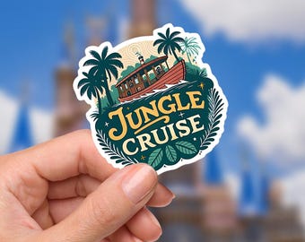 May include: A sticker featuring a red boat sailing on water, surrounded by palm trees and the words "Jungle Cruise." The design is framed by green leaves and a white border, with a blue sky background.