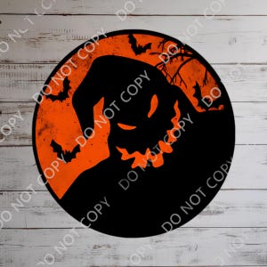 May include: A circular Halloween design featuring a black silhouette of a character with an orange face and a hat, set against an orange background with bats and tree branches. The words "DO NOT COPY" are printed around the image.