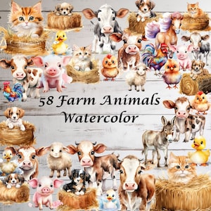 58 Bauernhof Tiere, Niedliche Bauernhof Clipart, Aquarell Digitale Clipart