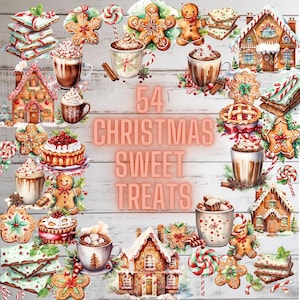 Christmas  WaterColor Sweet Treats Dessert ClipArt PNG, Scrapbook Gingerbread, Sugar cookies, Hot Chocolate, Peppermint Bark Commercial Use