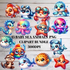 Watercolor Sea Ocean Animals Clipart - Cute Decor Bundle For Kids, Marine Creatures, Ocean Nursery, Underwater Sealife, PNG, Commercial use