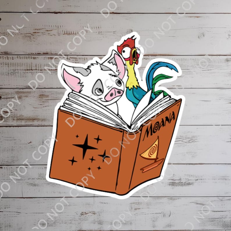 May include: A sticker featuring characters from the animated film "Moana." The sticker shows a pig, a rooster, and an open book with the title "Moana." The book is brown with a star design and a spiral symbol.