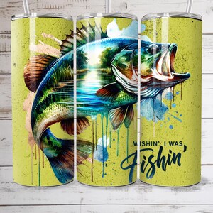 Diseño de sublimación de vaso delgado de 20 oz con vida de pesca Pez lubina Cita de pescador Vida en el lago Envoltura recta PNG Tobogán de agua Descarga digital