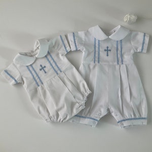 Baby Boy Christening Romper, Custom MADE TO ORDER, Sizes 000 - 2, Baptism Romper with blue religious cross and blue braid, Boys White Romper