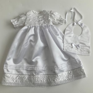 Satin Christening Gown with Bib: Lace Trim Baptism Dress - Size 00 (fits 3-6 Months)