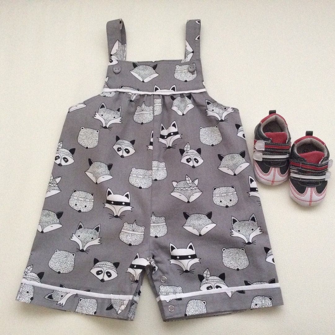 Boys Dungarees Size 1, US 1218 Months, Fox Romper, Tribal Animals