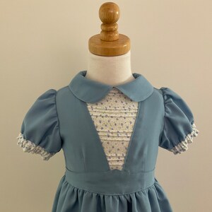 May include: A light blue dress with a Peter Pan collar and short, puffed sleeves. The bodice features a pleated panel with a floral print. The sleeves and collar are trimmed with white lace. The dress is displayed on a wooden mannequin.