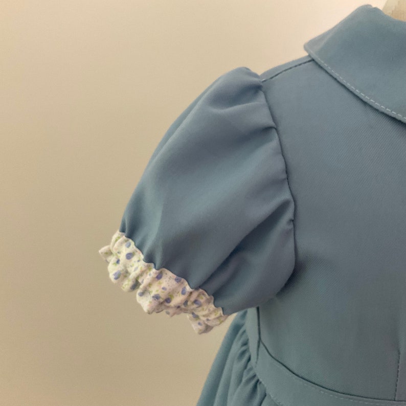 May include: A light blue dress with short, puffed sleeves. The sleeve cuffs are trimmed with a white fabric featuring a small, repeating floral pattern in shades of purple and green. The dress has a collared neckline.