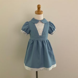 May include: A light blue dress for a child, displayed on a mannequin. The dress features a Peter Pan collar, short puffed sleeves, and a white bodice insert with a floral pattern. The hem and sleeve cuffs are trimmed with a matching floral fabric.