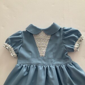 May include: A light blue dress with a Peter Pan collar and short, puffed sleeves. The bodice features a floral patterned panel with pleats. The sleeve cuffs and collar are trimmed with a floral print. The dress has a gathered skirt.
