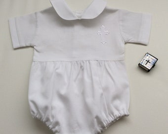 Baby Boy Baptism Romper, Custom MADE TO ORDER, Sizes 000 - 2, Christening Outfit, White Romper with Religious Cross, Blessing Outfit, White