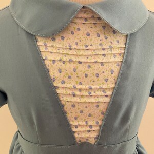 May include: A light blue dress with a Peter Pan collar and a pleated bodice insert. The insert features a floral pattern with blue and purple flowers on a cream background. The dress has short sleeves and a fitted waist.